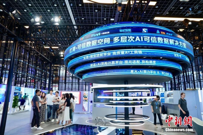7月3日，2024全球數(shù)字經(jīng)濟(jì)大會數(shù)字經(jīng)濟(jì)沉浸式體驗區(qū)及新技術(shù)、新產(chǎn)品發(fā)布區(qū)吸引參觀者。<a target='_blank' href='/'>中新社</a>記者 陳芳婷 攝