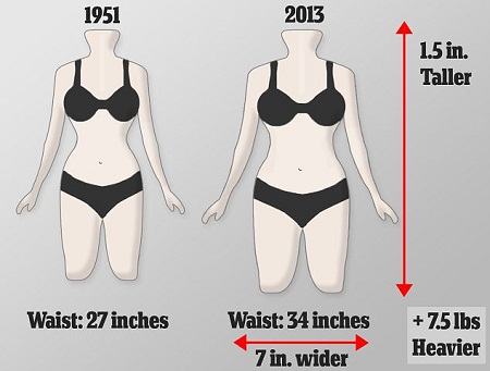 現(xiàn)今英國女性的平均腰圍已從1951年時的68厘米上升到86厘米，而胸圍和臀圍并沒有相應(yīng)增加，因此體型更接近于長方形